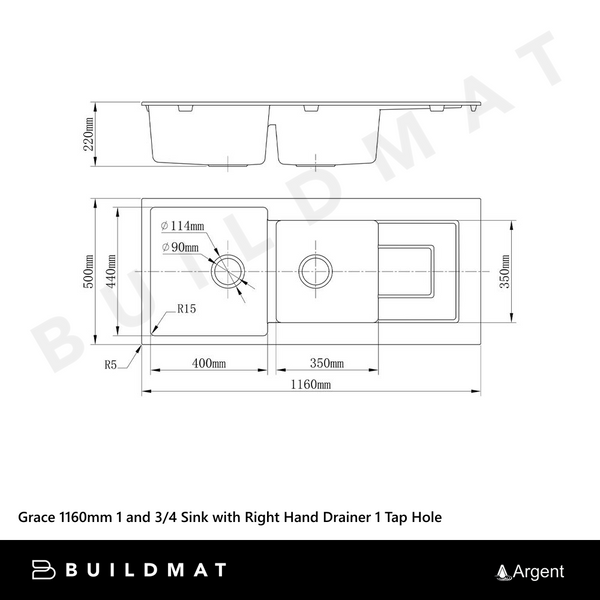 Argent Grace 1160mm 1 and 3/4 Granite Sink with Right Hand Drainboard 1 Tap Hole White