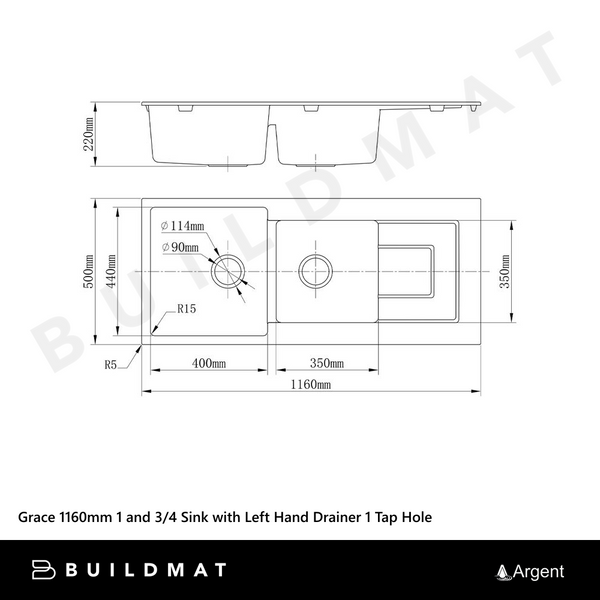Argent Grace 1160mm 1 and 3/4 Granite Sink with Left Hand Drainboard 1 Tap Hole Matte Black