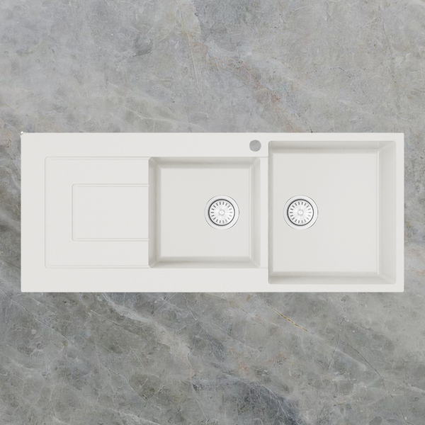 Argent Grace 1160mm 1 and 3/4 Granite Sink with Left Hand Drainboard 1 Tap Hole White