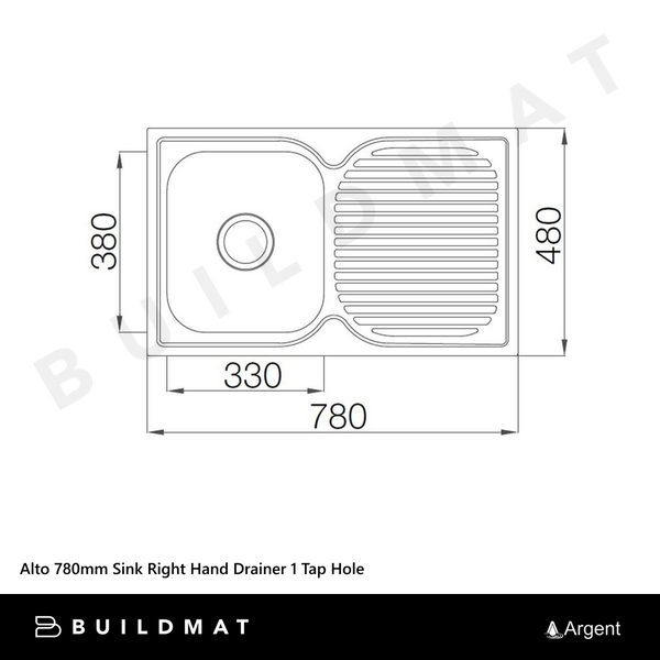 Argent Alto 780mm Sink with Right Hand Drainboard 1 Tap Hole Stainless Steel