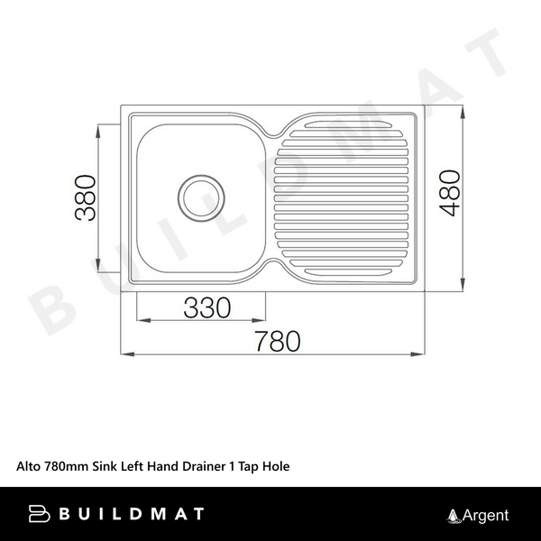 Argent Alto 780mm Sink with Left Hand Drainboard 1 Tap Hole Stainless Steel