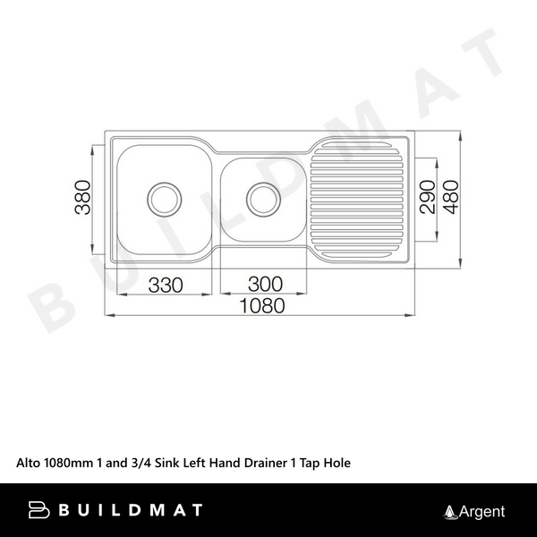 Argent Alto 1080mm 1 and 3/4 Sink with Left Hand Drainboard 1 Tap Hole Stainless Steel