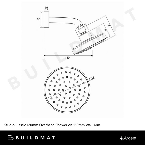 Argent Studio Classic 120mm Overhead Shower on 150mm Wall Arm Chrome