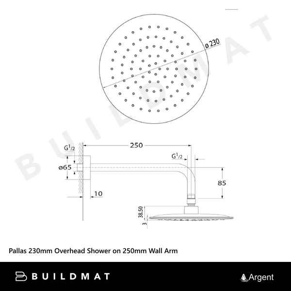 Argent Pallas 230mm Overhead Shower on 250mm Wall Arm Chrome