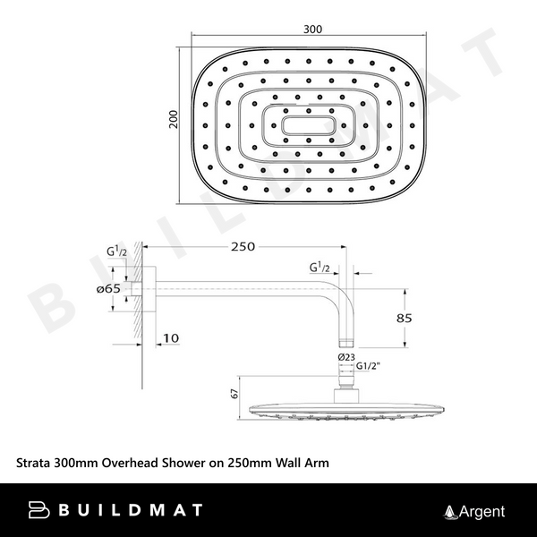 Argent Strata 300mm Overhead Shower on 250mm Wall Arm Chrome