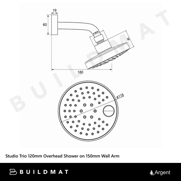 Argent Studio Trio 120mm Overhead Shower on 150mm Wall Arm Chrome