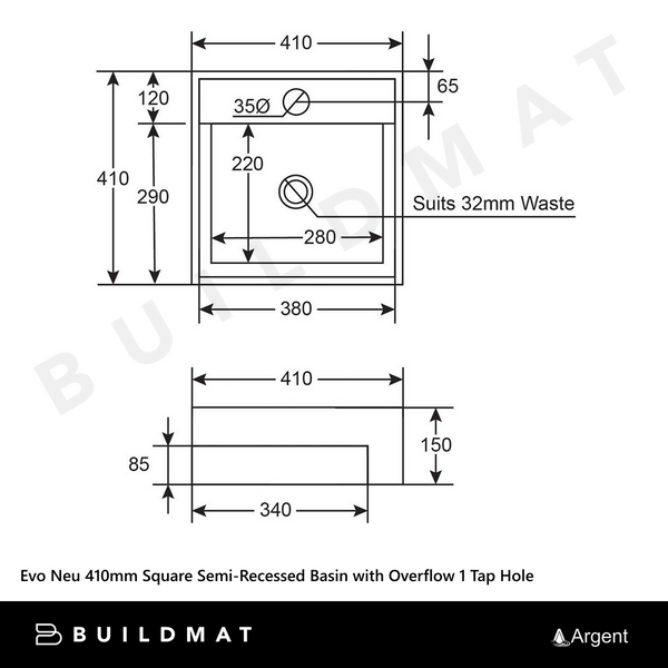 Argent Evo Neu 410mm Square Semi-Recessed Basin with Overflow 1 Tap Hole Gloss White