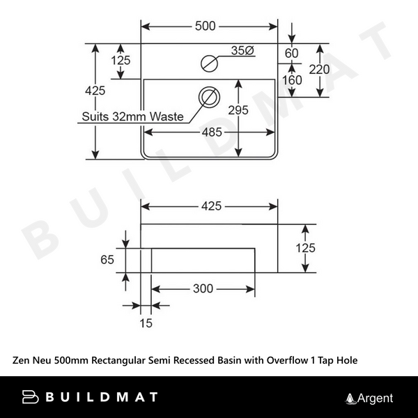 Argent Zen Neu 500mm Rectangular Semi Recessed Basin with Overflow 1 Tap Hole Gloss White