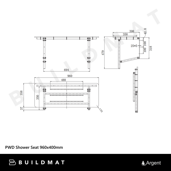 Argent PWD Shower Seat 960x400mm White