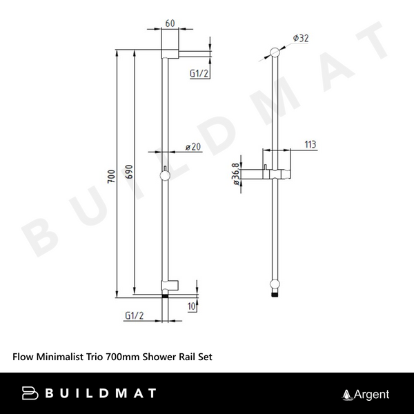 Argent Flow Minimalist Trio 700mm Shower Rail Set Chrome