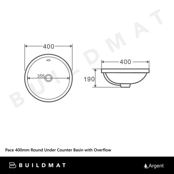 Argent Pace 400mm Round Under Counter Basin with Overflow Gloss White