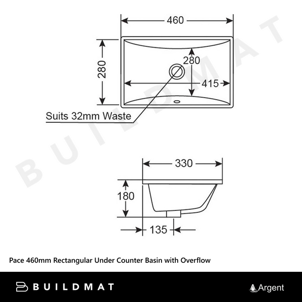 Argent Pace 460mm Rectangular Under Counter Basin with Overflow Matte White
