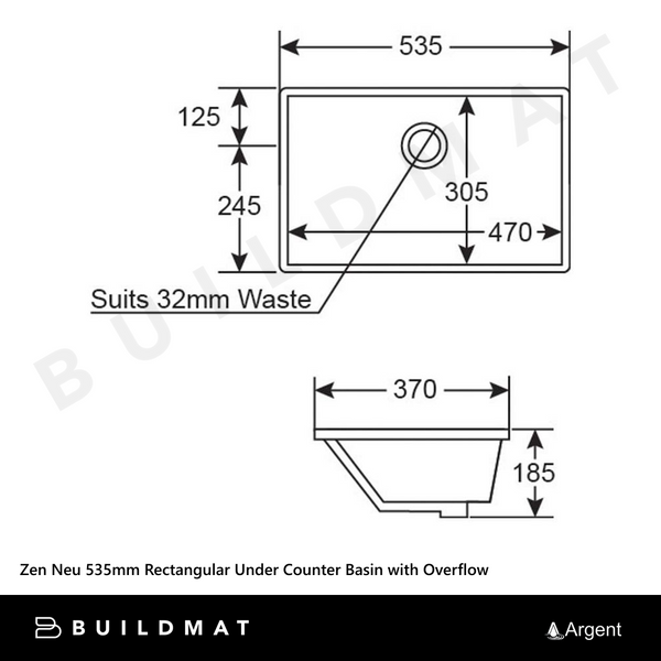 Argent Zen Neu 535mm Rectangular Under Counter Basin with Overflow Matte White