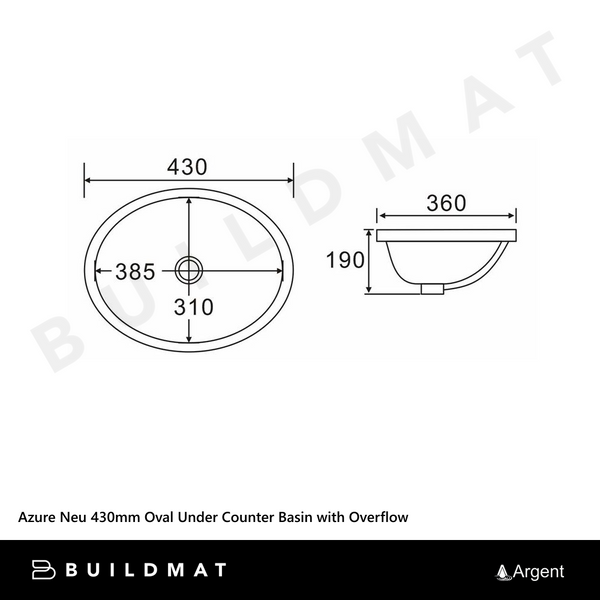 Argent Azure Neu 430mm Oval Under Counter Basin with Overflow Gloss White