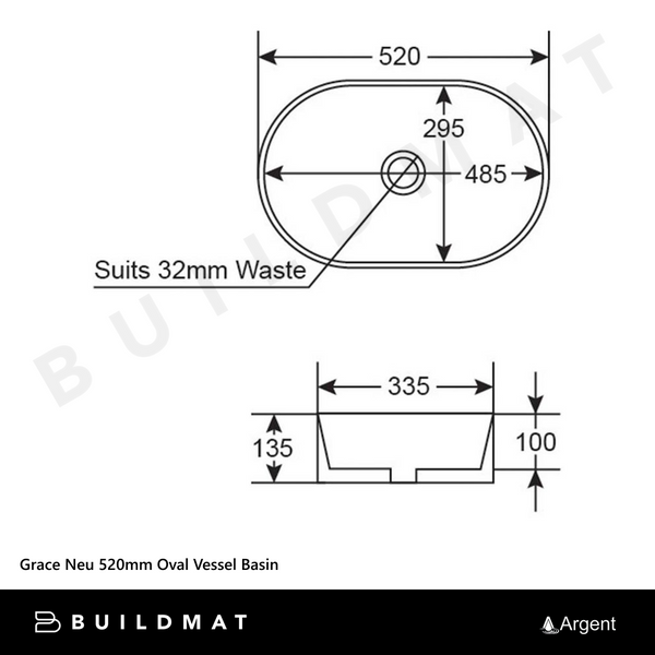 Argent Grace Neu 520mm Oval Vessel Basin Gloss White