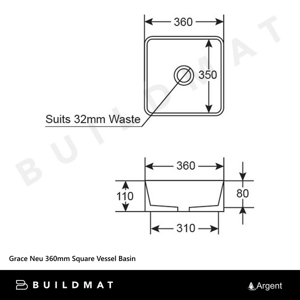 Argent Grace Neu 360mm Square Vessel Basin Matte Black