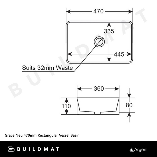 Argent Grace Neu 470mm Rectangular Vessel Basin Matte White