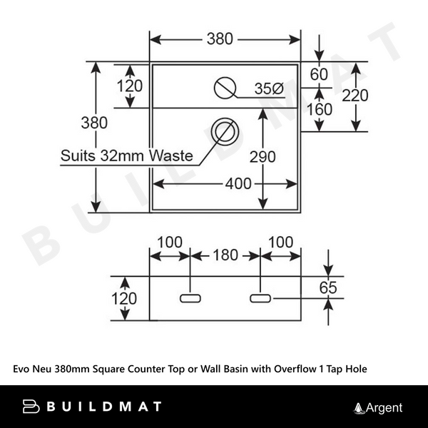 Argent Evo Neu 380mm Square Counter Top or Wall Hung Basin with Overflow 1 Tap Hole Gloss White