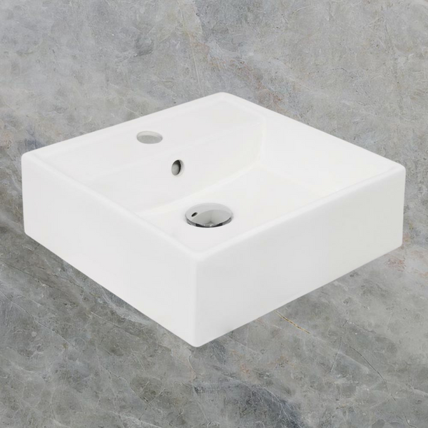Argent Evo Neu 380mm Square Counter Top or Wall Hung Basin with Overflow 1 Tap Hole Gloss White