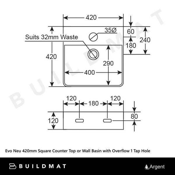 Argent Evo Neu 420mm Square Counter Top or Wall Hung Basin with Overflow 1 Tap Hole Matte White