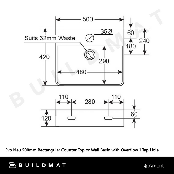 Argent Evo Neu 500mm Rectangular Counter Top or Wall Hung Basin with Overflow 1 Tap Hole Gloss White