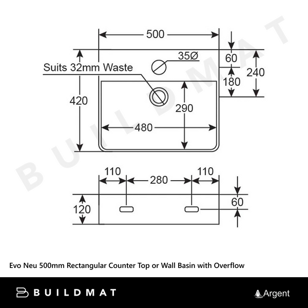 Argent Evo Neu 500mm Rectangular Counter Top or Wall Hung Basin with Overflow Gloss White