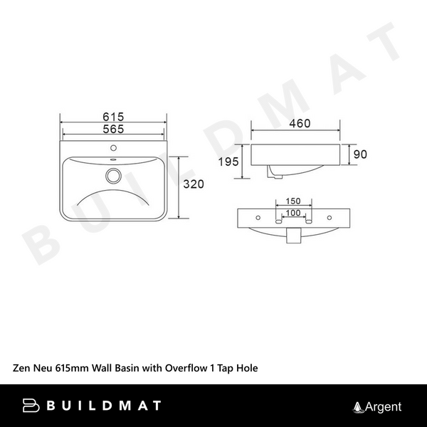 Argent Zen Neu 615mm Wall Hung Basin with Overflow 1 Tap Hole Gloss White
