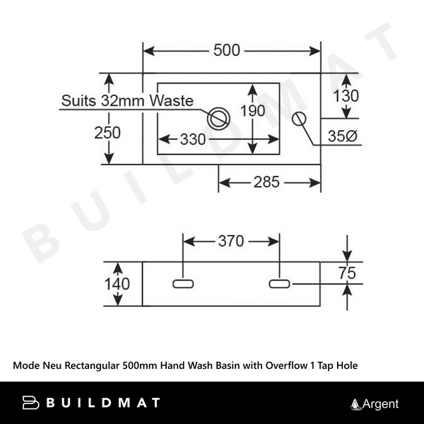 Argent Mode Neu Rectangular 500mm Hand Wash Basin with Overflow 1 Tap Hole Gloss White