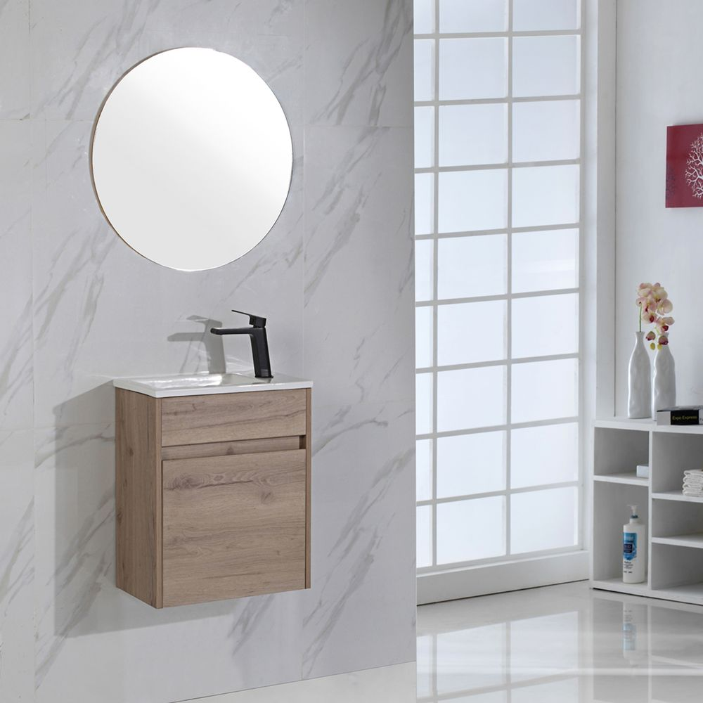 Make the absolute most of your compact space with the compact and functional 260mm depth Revit timber finish Vanity Unit. This mini vanity unit come with a high-quality ceramic basin with a single tap hole. It is perfect for any small bathroom. Features Contemporary design. Tap can be left or right to suit your plumbin