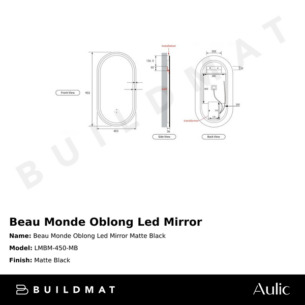 Aulic Beau Monde Oblong Pill LED Mirror Matte Black