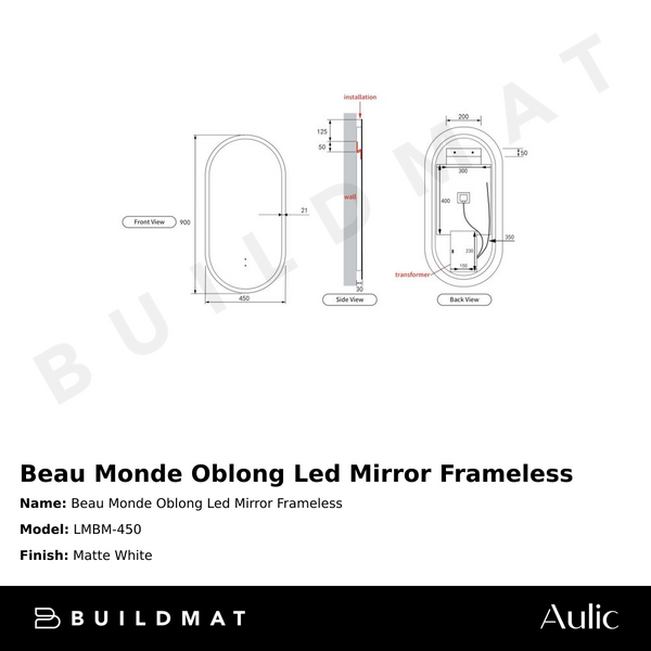 Aulic Beau Monde Oblong Pill LED Mirror Frameless
