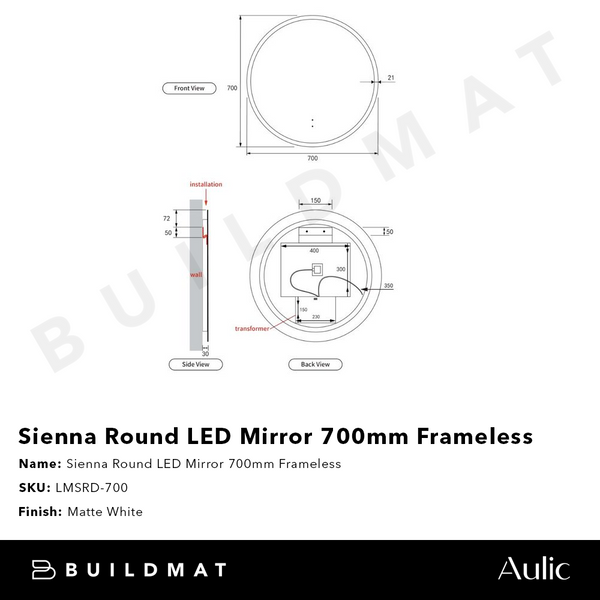 Aulic Sienna Round LED Mirror 700mm Frameless
