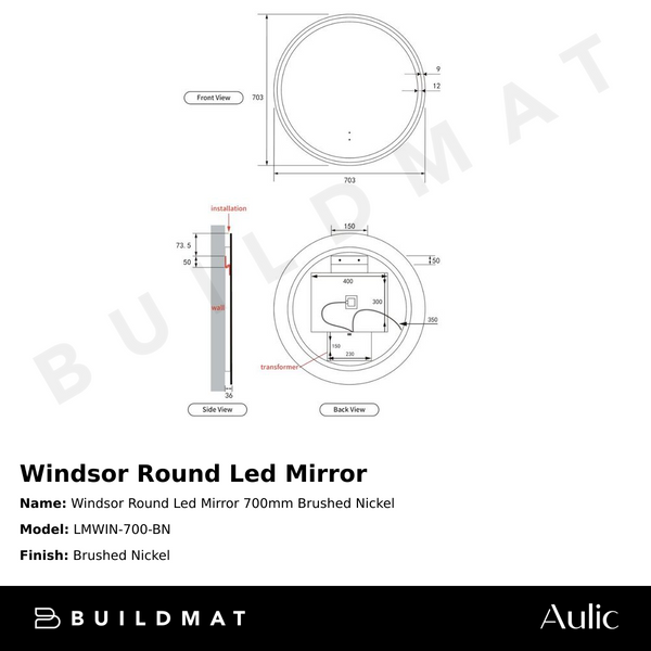 Aulic Windsor Round LED Mirror 700mm Brushed Nickel