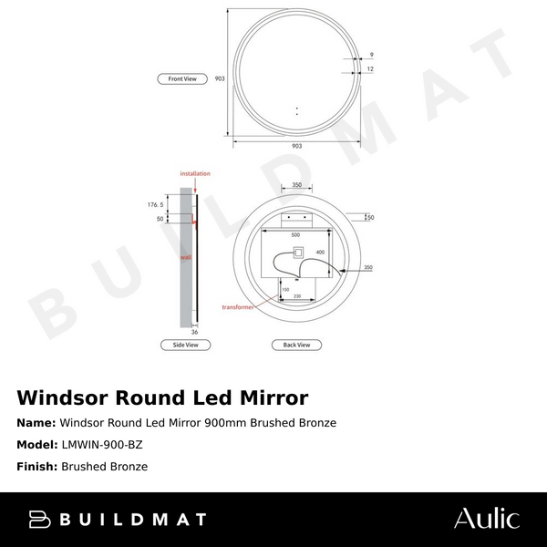 Aulic Windsor Round LED Mirror 900mm Brushed Bronze
