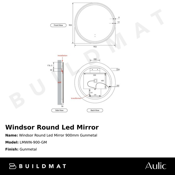 Aulic Windsor Round LED Mirror 900mm Gunmetal
