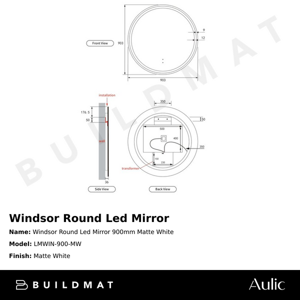 Aulic Windsor Round LED Mirror 900mm Matte White