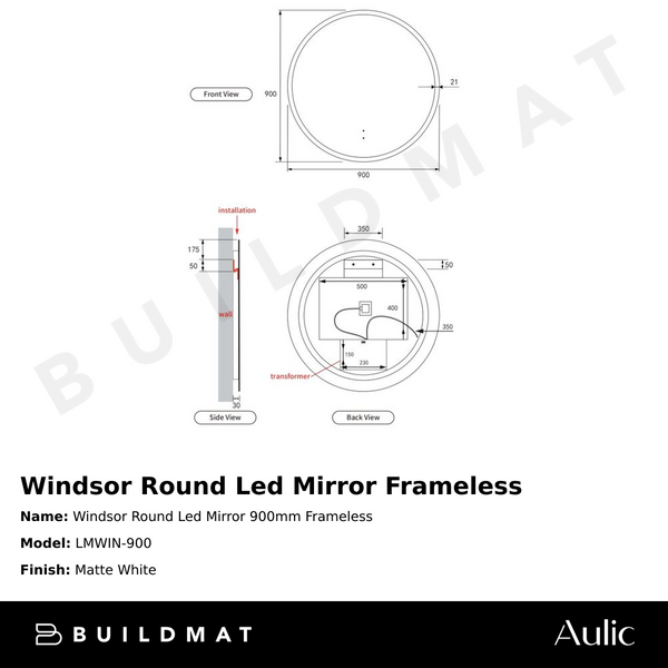 Aulic Windsor Round LED Mirror 900mm Frameless