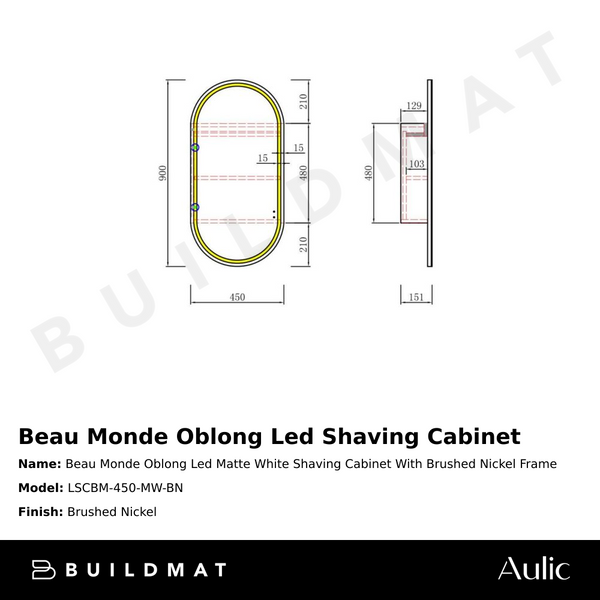 Aulic Beau Monde Oblong LED Matte White Shaving Cabinet With Brushed Nickel Frame