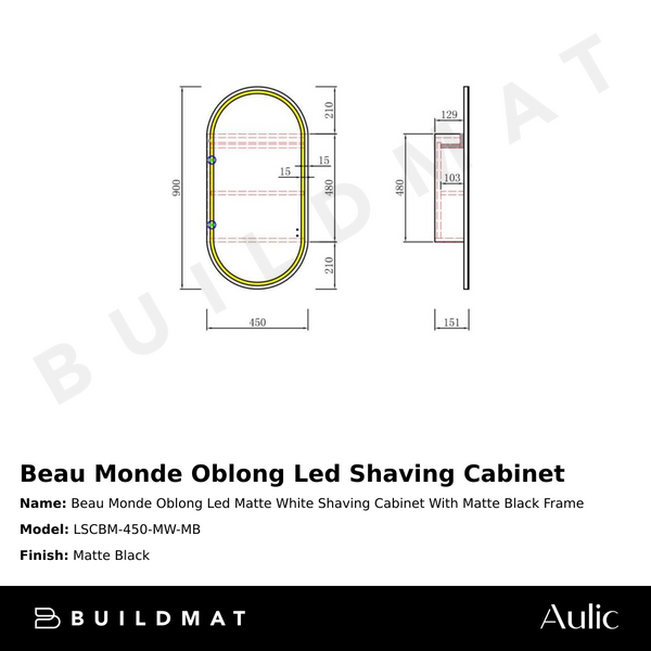 Aulic Beau Monde Oblong LED Matte White Shaving Cabinet With Matte Black Frame