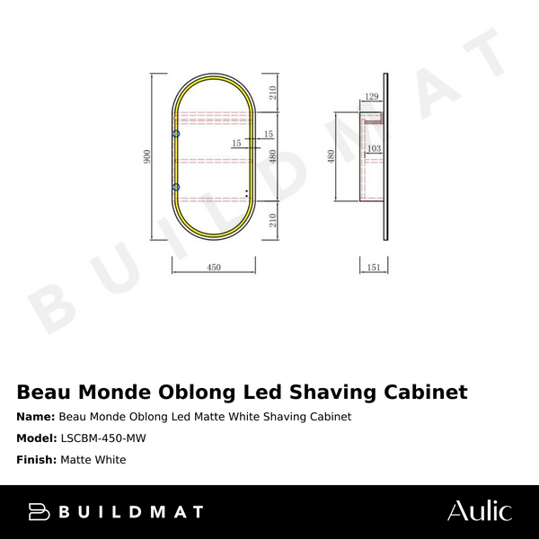 Aulic Beau Monde Oblong LED Matte White Shaving Cabinet