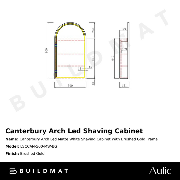 Aulic Canterbury Arch LED Matte White Shaving Cabinet With Brushed Gold Frame