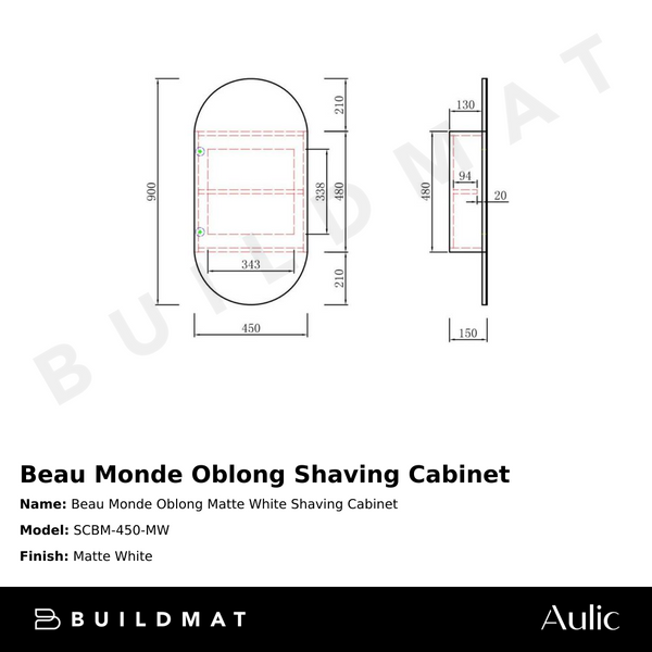 Aulic Beau Monde Oblong Matte White Shaving Cabinet
