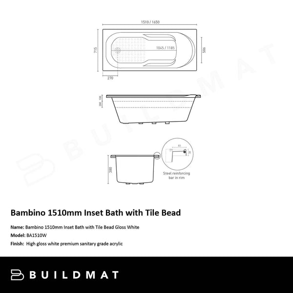 Decina Bambino 1510mm Inset Bath with Tile Bead Gloss White