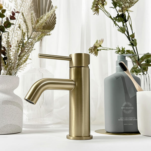 Alma Mira Brushed Brass Gold Short Basin Mixer