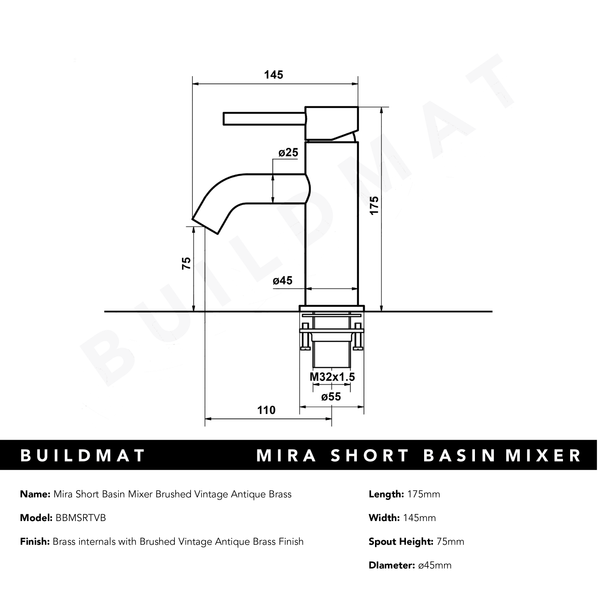 Alma Mira Brushed Vintage Antique Brass Short Basin Mixer