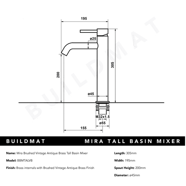 Alma Mira Brushed Vintage Antique Brass Tall Basin Mixer