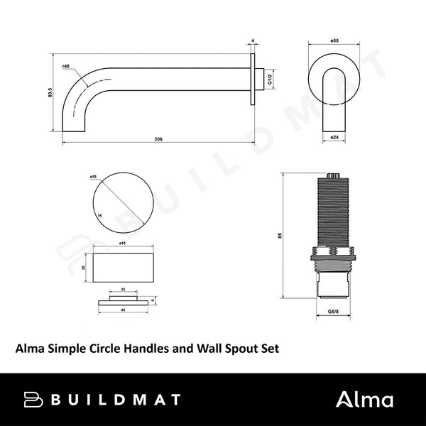 Alma Matte Black Simple Circle Handles and Wall Spout Set