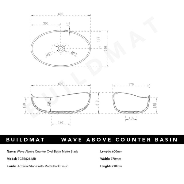 Keva Elegance Matte Black Above Counter Basin