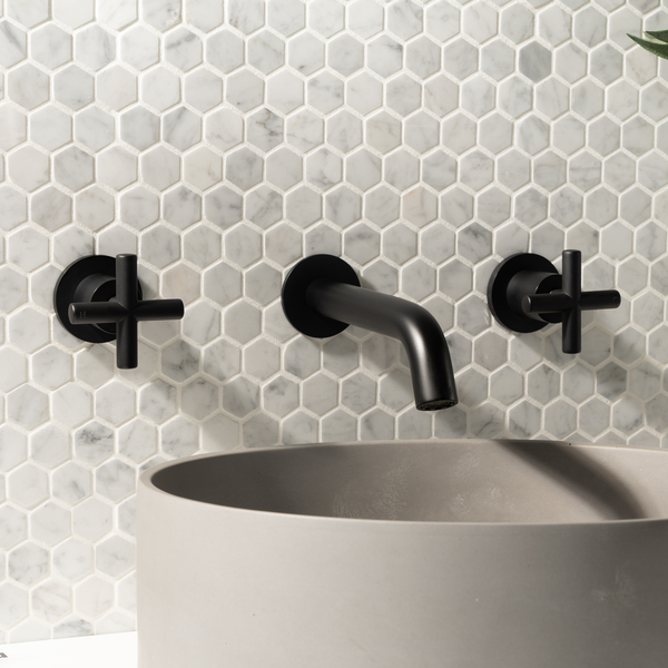 Alma Matte Black Cross Tap Handles and Wall Spout Set