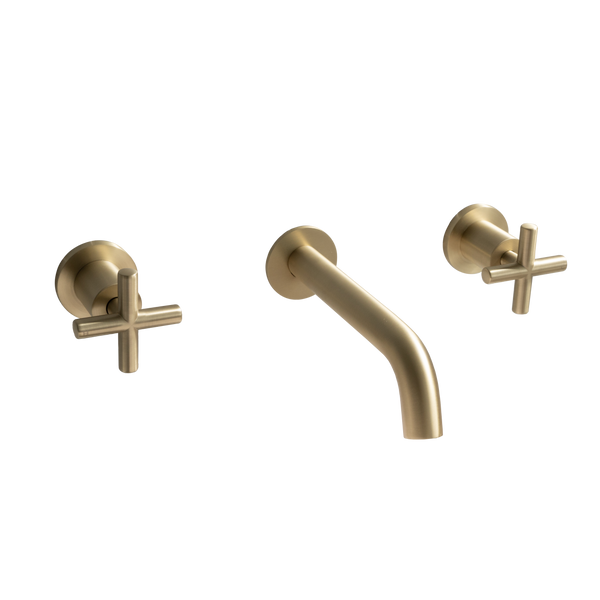 Alma Brushed Brass Gold Cross Tap Handles and Wall Spout Set